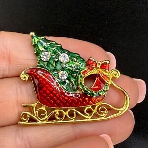 Vintage Eisenberg Ice Christmas Brooch Gold Tone Enamel Rhinestone Signed